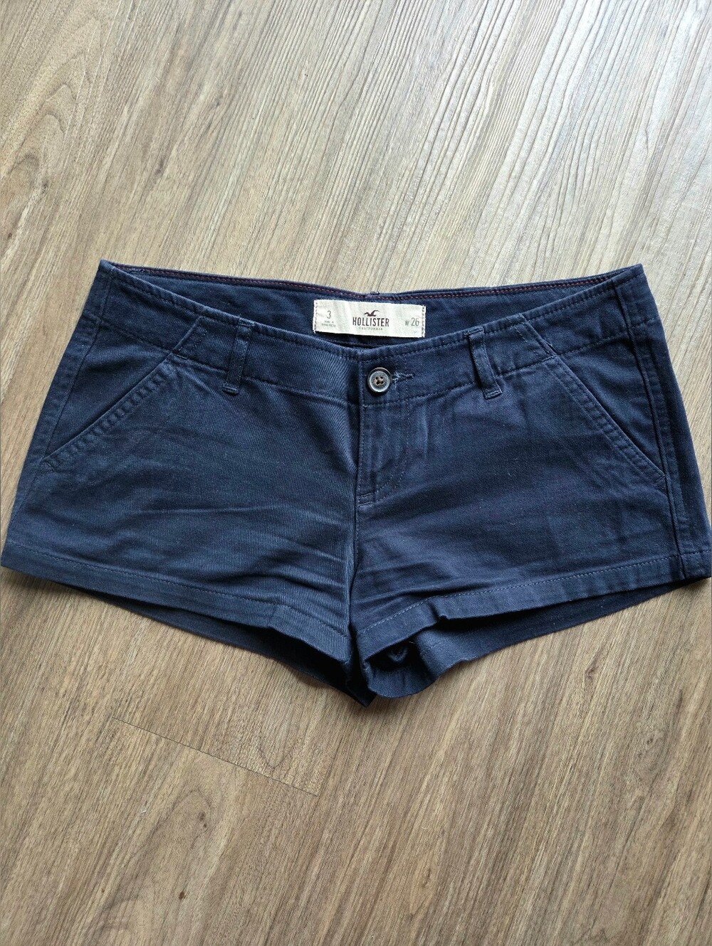VTG Hollister Low Rise Navy Blue Chino Twill Mini Shorts Size 3 W26 Y2K 2000s